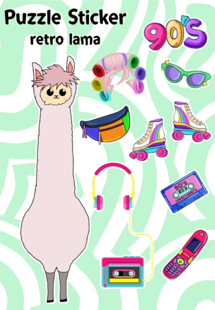 retro 90s llama sticker sheet dress-up set with Walkman wig roller skates and sunglasses for creative kids play