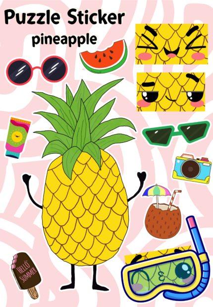 pineapple sticker sheet summer diving mask coconut drink sunglasses ice cream watermelon sunscreen camera faces