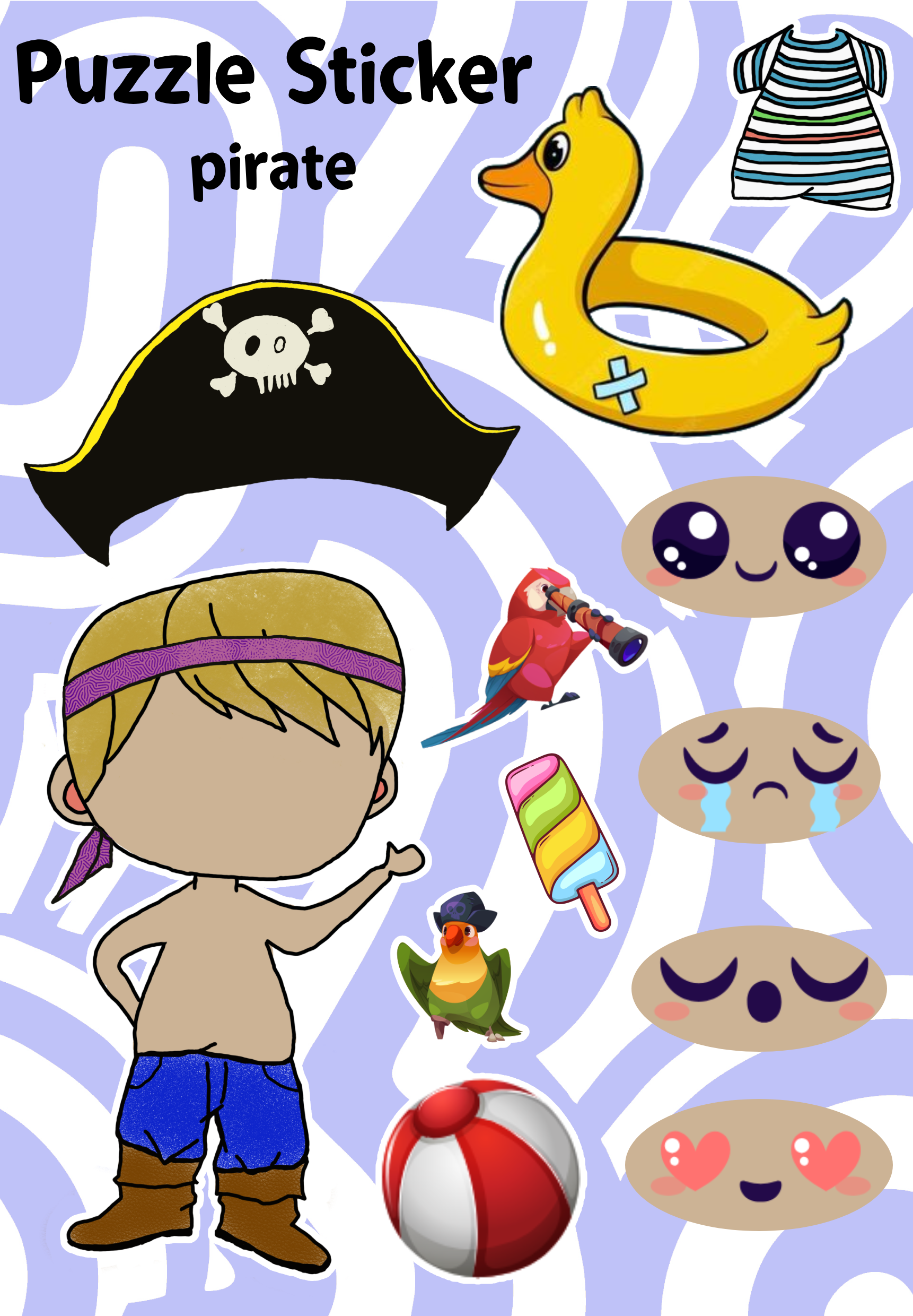 pirate_puzzle pirate dress-up sticker sheet with eyes ice cream parrot duck float hat and blouse kids puzzle activity