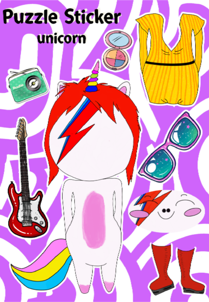 unicorn bowie dress-up sticker sheet with guitar lightning bolt wig hat glasses blouse and different faces kids tribute activity